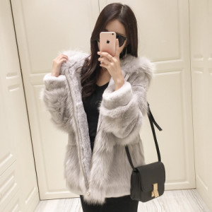 1703076 rex rabbit fur jacket with hood with fox fur trimming eileenhou (2)